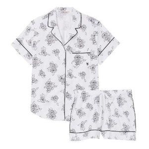 Victoria's Secret Cotton Short Pajama Set - Black & White Floral with Piping